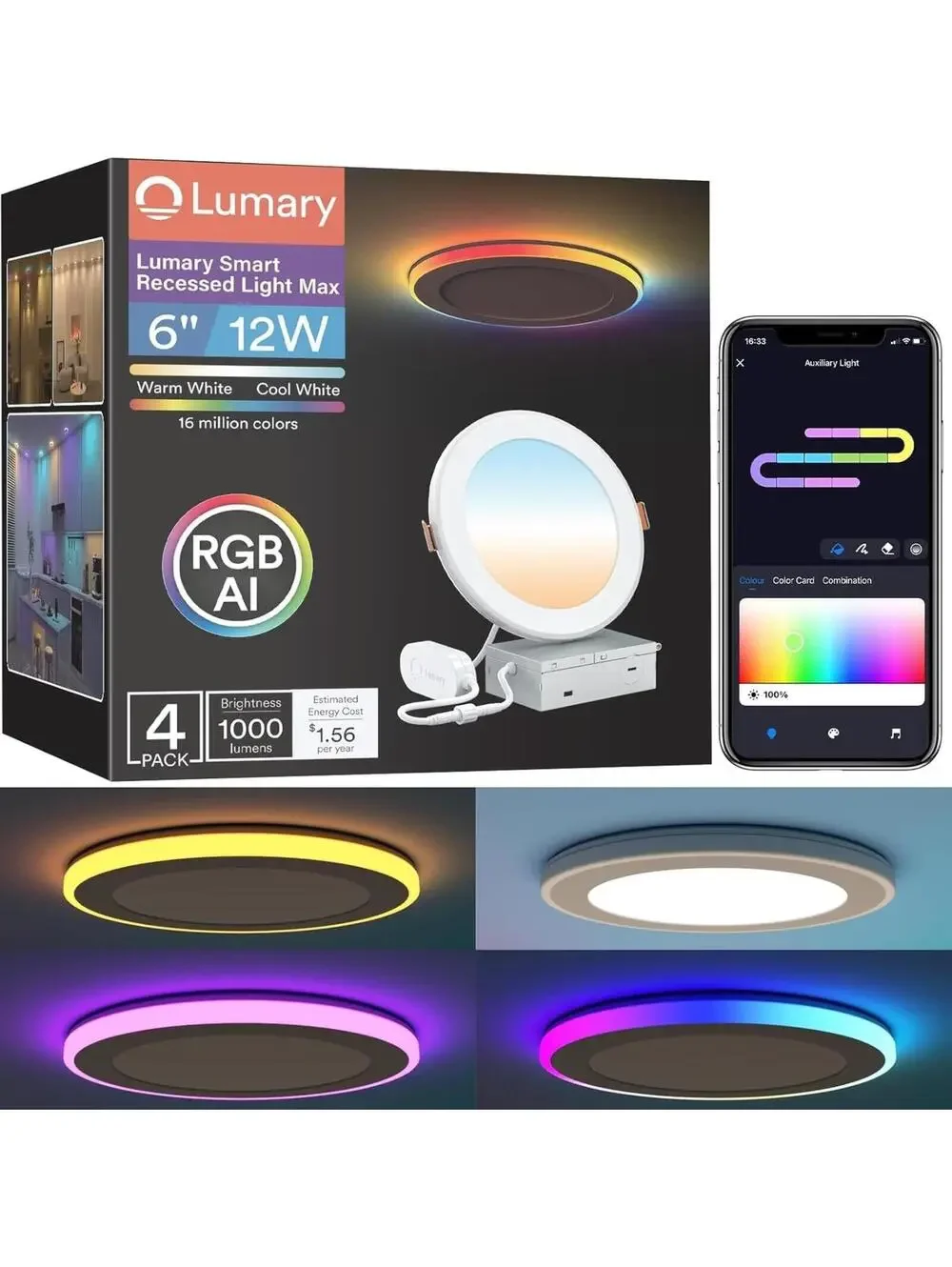 Lumary RGBAI Smart Recessed LED Lighting 6 Inch with Night Ring, 4pack